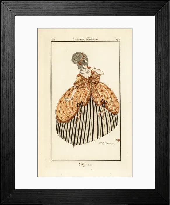 Framed Print : Woman in ball gown and mask, costume of Manon Lescaut Framed Print : Woman in ball gown and mask, costume of Manon Lescaut