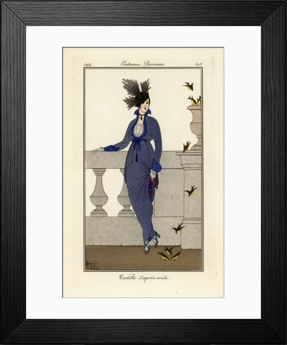 Framed Print : Woman in afternoon dress and hat watching birds Framed Print : Woman in afternoon dress and hat watching birds