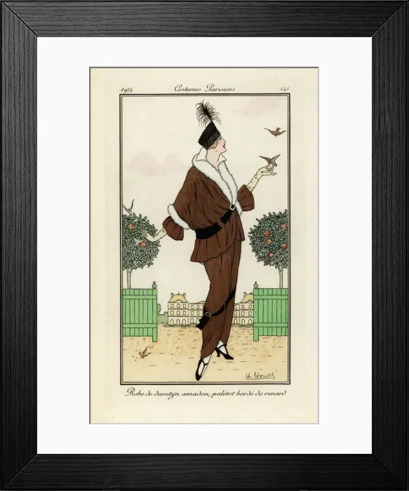 Framed Print : Woman in dress of duvetyn and jacket bordered in fox fur Framed Print : Woman in dress of duvetyn and jacket bordered in fox fur