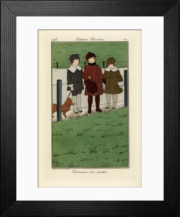 Framed Print : Children in hats and coats with a dog Framed Print : Children in hats and coats with a dog