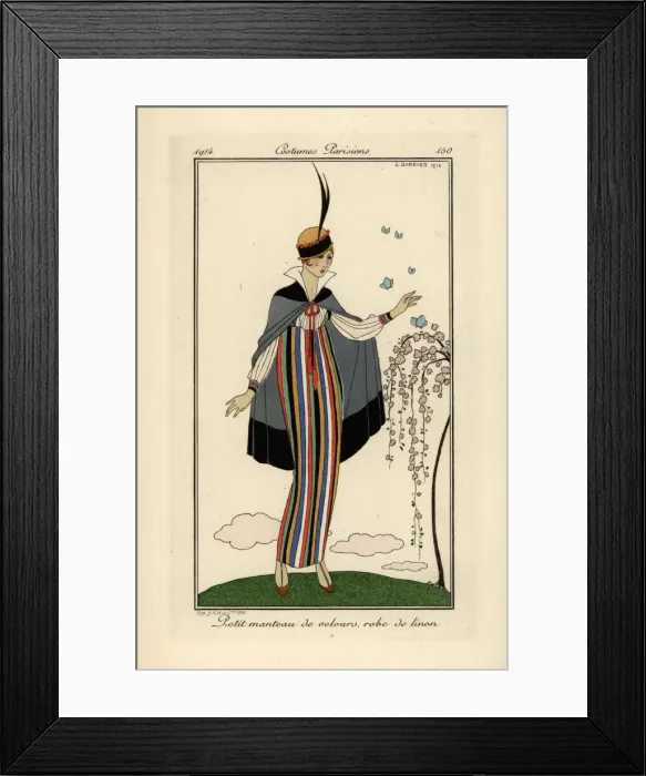 Framed Print : Woman in striped linen dress with short velvet coat Framed Print : Woman in striped linen dress with short velvet coat