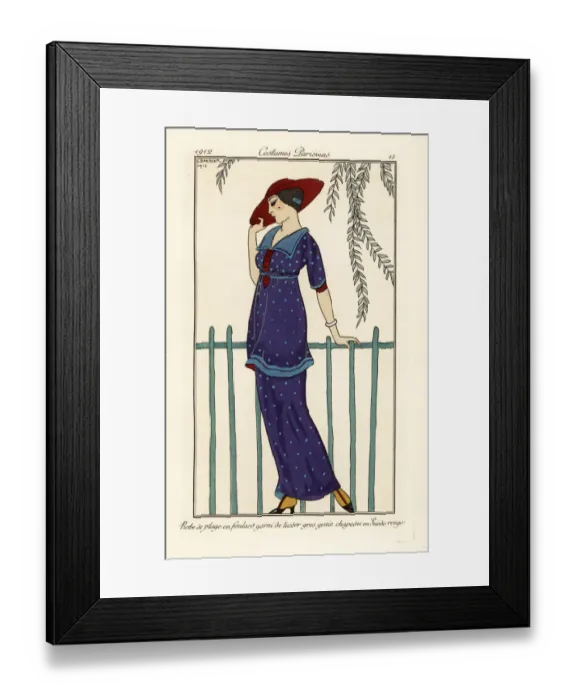 Framed Print : Woman in beach dress of blue foulard, red suede hat Framed Print : Woman in beach dress of blue foulard, red suede hat