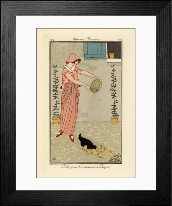 Framed Print : Woman feeding chickens in dress for the Easter holiday Framed Print : Woman feeding chickens in dress for the Easter holiday