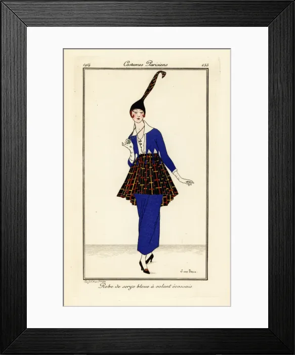 Framed Print : Woman in blue dress with modernist pattern skirt and hat Framed Print : Woman in blue dress with modernist pattern skirt and hat