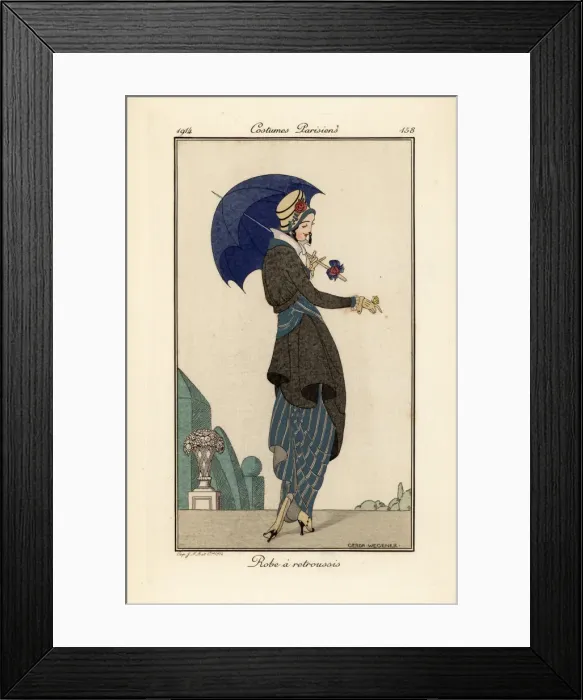 Framed Print : Woman in ruched dress and coat with hat and parasol Framed Print : Woman in ruched dress and coat with hat and parasol
