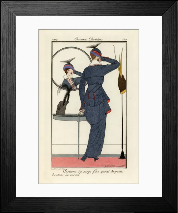 Framed Print : Woman in fine serge suit with coral buttons looking Framed Print : Woman in fine serge suit with coral buttons looking
