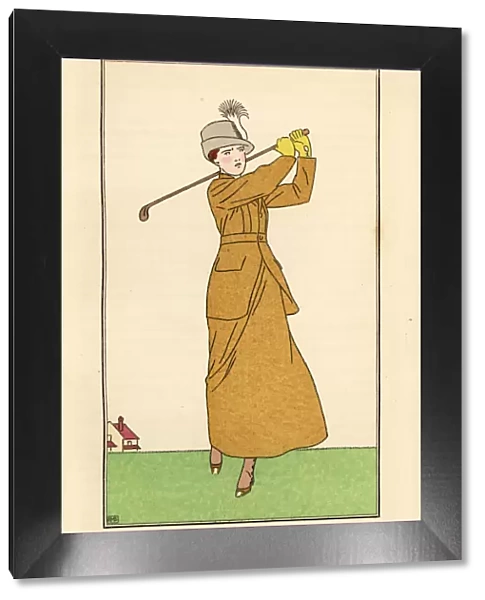 Woman playing golf in a loosely pleated toile suit