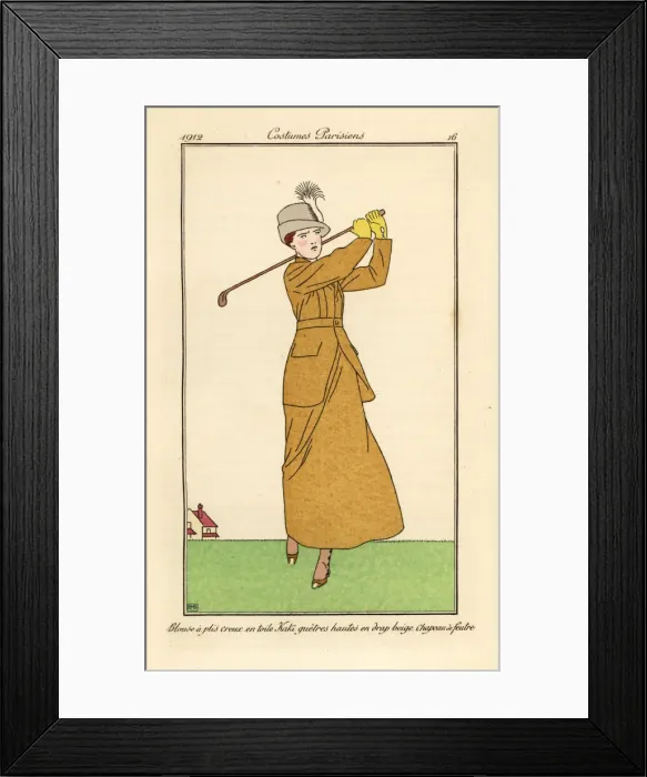 Framed Print : Woman playing golf in a loosely pleated toile suit Framed Print : Woman playing golf in a loosely pleated toile suit