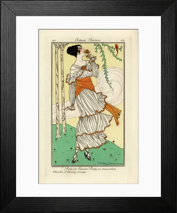 Framed Print : Woman in white and orange chiffon dress for a garden party Framed Print : Woman in white and orange chiffon dress for a garden party