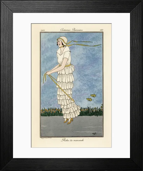 Framed Print : Woman skipping in white nainsook ruffled dress Framed Print : Woman skipping in white nainsook ruffled dress
