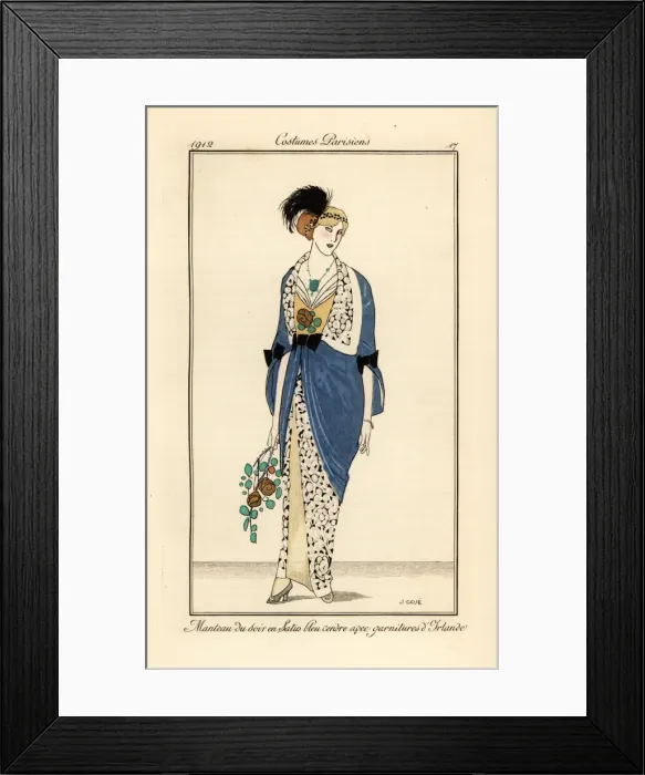 Framed Print : Woman in evening gown of ash blue satin with Irish lace Framed Print : Woman in evening gown of ash blue satin with Irish lace