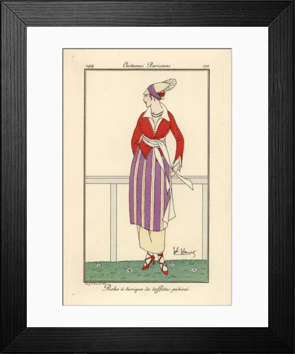 Framed Print : Woman at racetrack in dress with striped pekine