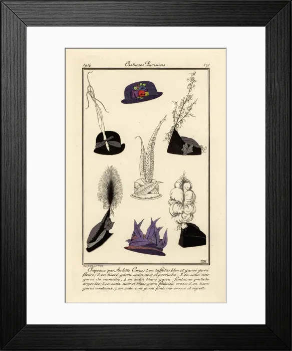 Framed Print : Seven hats designed by French milliner Arlette Carus Framed Print : Seven hats designed by French milliner Arlette Carus