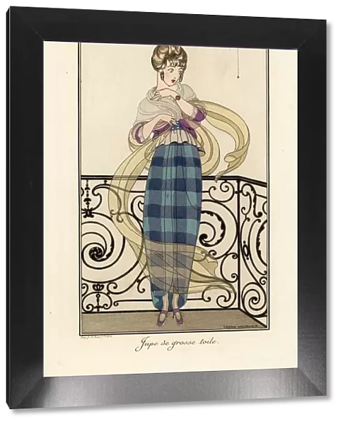 Woman in a large toile skirt, looking afraid of a spider