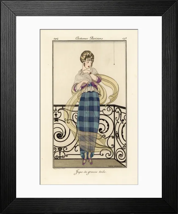 Framed Print : Woman in a large toile skirt, looking afraid of a spider Framed Print : Woman in a large toile skirt, looking afraid of a spider