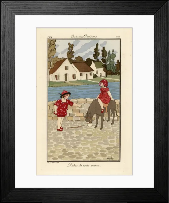 Framed Print : Two children in printed toile summer outfits with a donkey Framed Print : Two children in printed toile summer outfits with a donkey