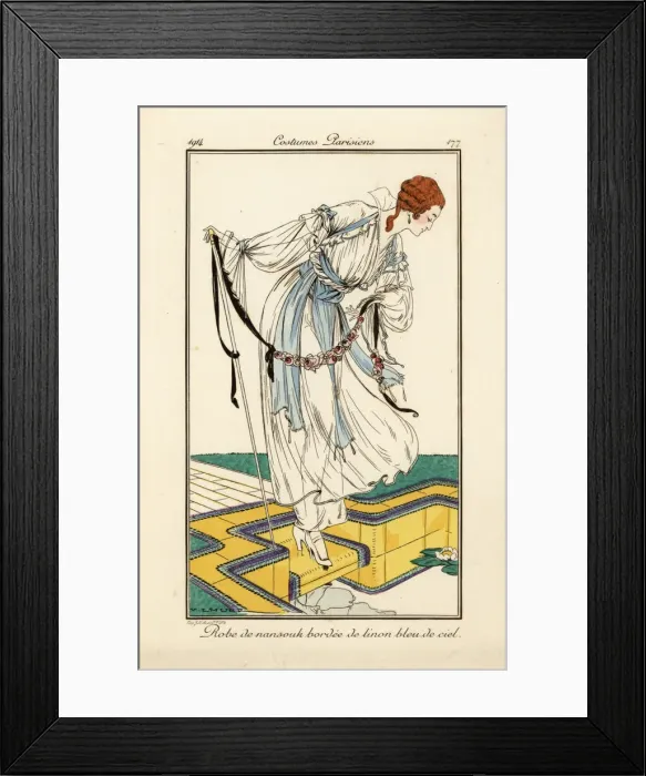 Framed Print : Woman in nainsook dress bordered with sky-blue linen Framed Print : Woman in nainsook dress bordered with sky-blue linen