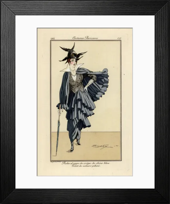 Framed Print : Woman in dress and cape of bleu crepe de chine Framed Print : Woman in dress and cape of bleu crepe de chine