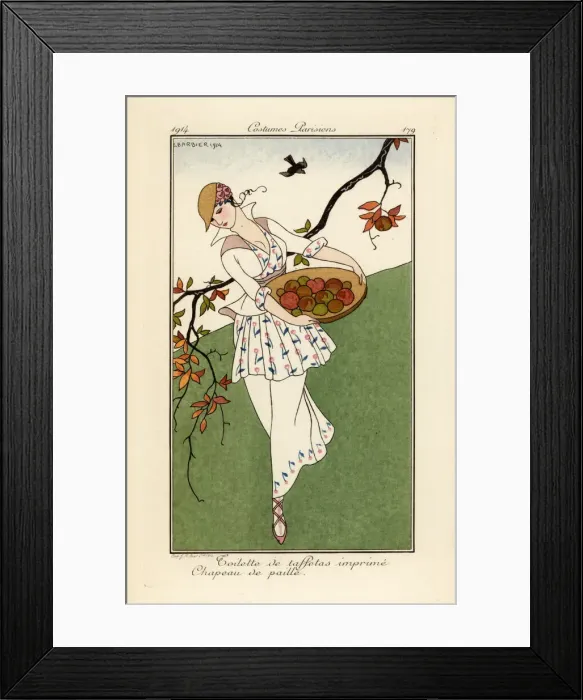 Framed Print : Woman in straw hat and dress of printed taffeta Framed Print : Woman in straw hat and dress of printed taffeta