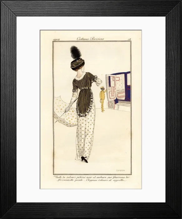 Framed Print : Woman in waistcoat of pekine velvet over a printed Framed Print : Woman in waistcoat of pekine velvet over a printed