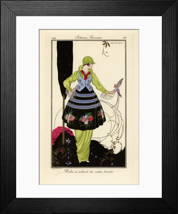 Framed Print : Woman in pea-green dress with embroidered satin skirt Framed Print : Woman in pea-green dress with embroidered satin skirt
