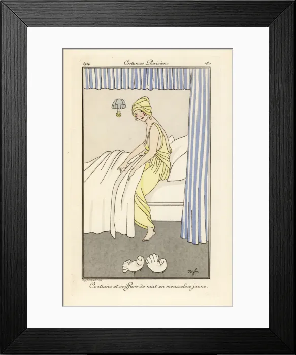 Framed Print : Woman in yellow chiffon night gown and hat getting into bed Framed Print : Woman in yellow chiffon night gown and hat getting into bed