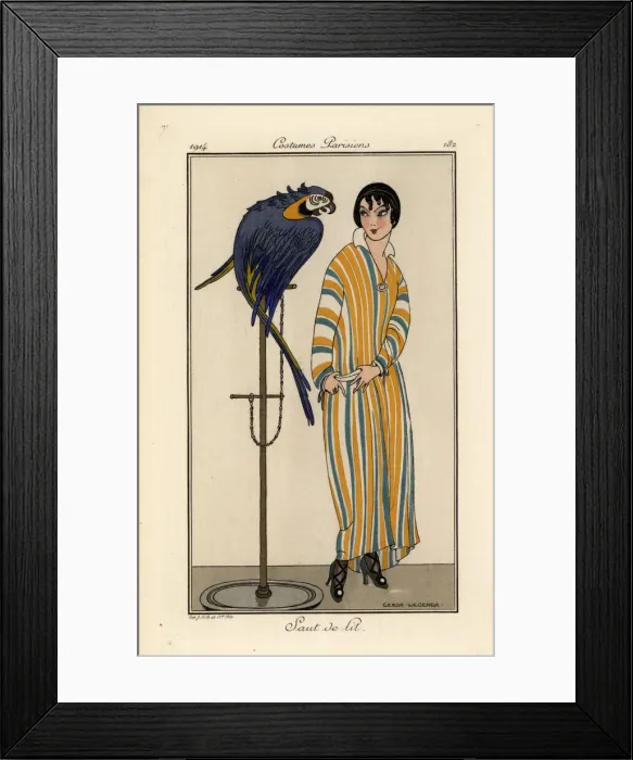 Framed Print : Woman in striped nightgown with pet parrot Framed Print : Woman in striped nightgown with pet parrot