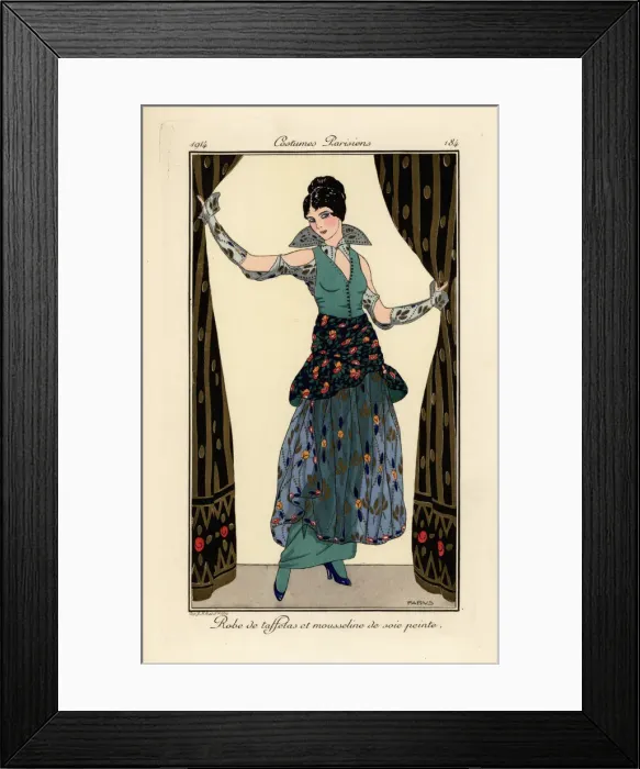 Framed Print : Woman in dress of taffeta and printed chiffon Framed Print : Woman in dress of taffeta and printed chiffon