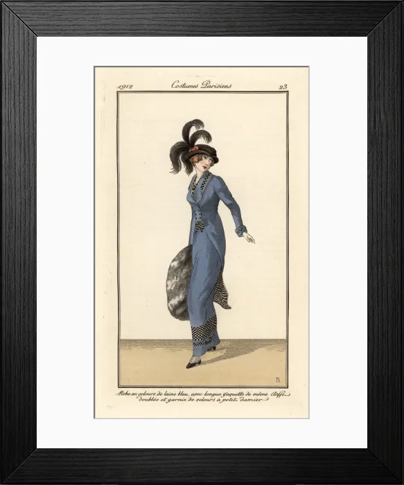 Framed Print : Woman in dress and long jacket of blue wool velvet Framed Print : Woman in dress and long jacket of blue wool velvet