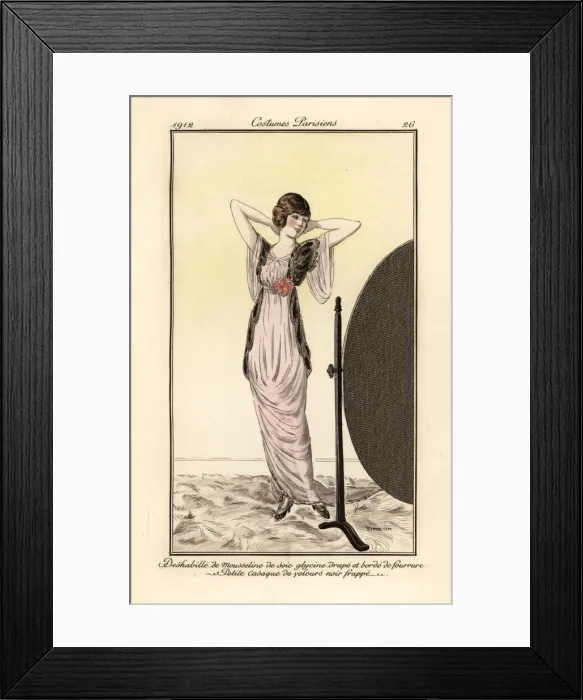 Framed Print : Woman in lilac dress looking at herself in a mirror Framed Print : Woman in lilac dress looking at herself in a mirror