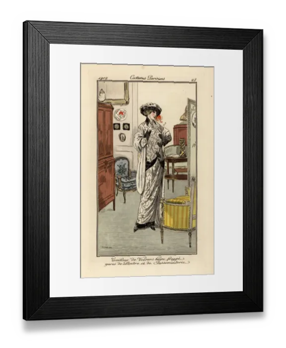 Framed Print : Woman in suit of white velvet decorated with otter Framed Print : Woman in suit of white velvet decorated with otter