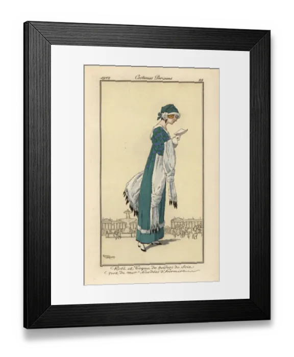 Framed Print : Woman reading a letter wearing a velvet dress and toque Framed Print : Woman reading a letter wearing a velvet dress and toque
