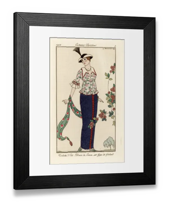 Framed Print : Summer outfit with floral linen blouse and foulard skirt