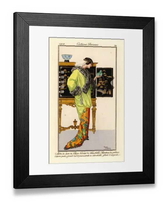 Framed Print : Woman in silk dress and velvet cape trimmed with chinchilla Framed Print : Woman in silk dress and velvet cape trimmed with chinchilla