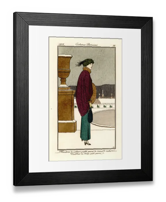 Framed Print : Woman in violet velvet cape trimmed with fox fur, green suit Framed Print : Woman in violet velvet cape trimmed with fox fur, green suit