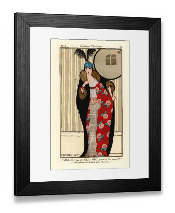 Framed Print : Woman in crepe de chine dress, cape of otter and skunk fur Framed Print : Woman in crepe de chine dress, cape of otter and skunk fur