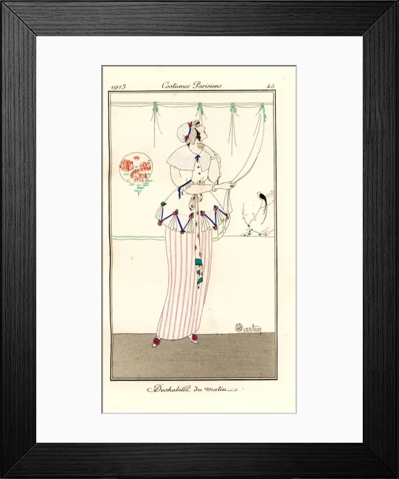 Framed Print : Woman in morning outfit of skirt, blouse and bonnet Framed Print : Woman in morning outfit of skirt, blouse and bonnet