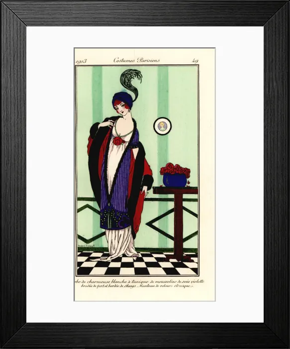 Framed Print : Woman in charmeuse gown, violet tunic and cape Framed Print : Woman in charmeuse gown, violet tunic and cape