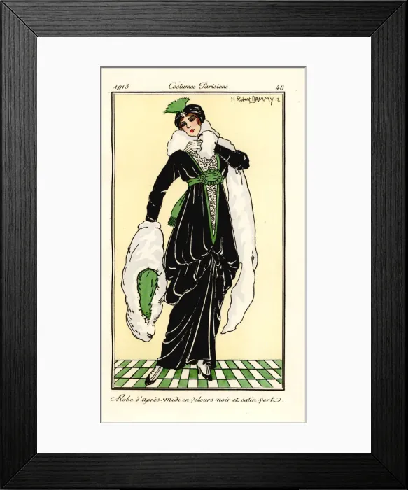Framed Print : Woman in afternoon dress of black velvet and green satin Framed Print : Woman in afternoon dress of black velvet and green satin