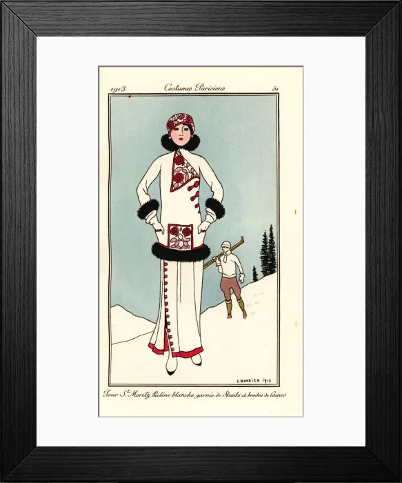 Framed Print : Woman in outfit for St. Moritz in embroidered white frieze Framed Print : Woman in outfit for St. Moritz in embroidered white frieze
