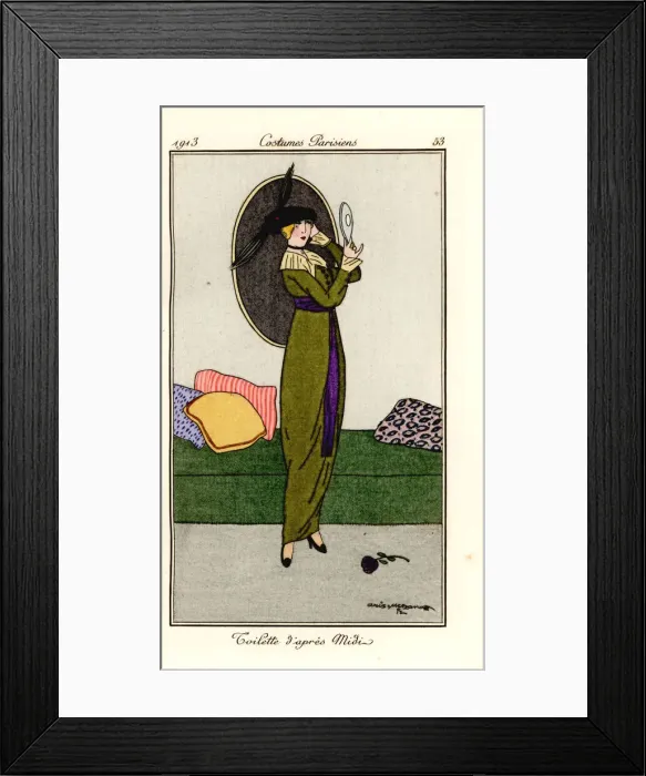 Framed Print : Woman in afternoon outfit of sheath dress with sash belt Framed Print : Woman in afternoon outfit of sheath dress with sash belt