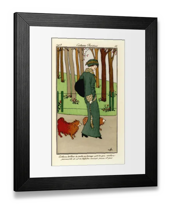 Framed Print : Woman in green wool suit with pet dogs, 1913 Framed Print : Woman in green wool suit with pet dogs, 1913
