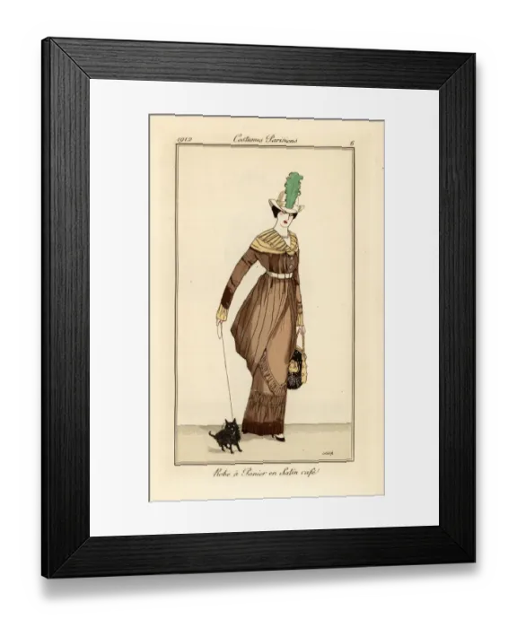 Framed Print : Woman in panier dress in coffee-coloured satin Framed Print : Woman in panier dress in coffee-coloured satin