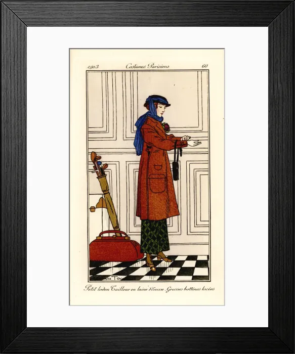 Framed Print : Woman in tweed coat, check skirt and high laced Framed Print : Woman in tweed coat, check skirt and high laced