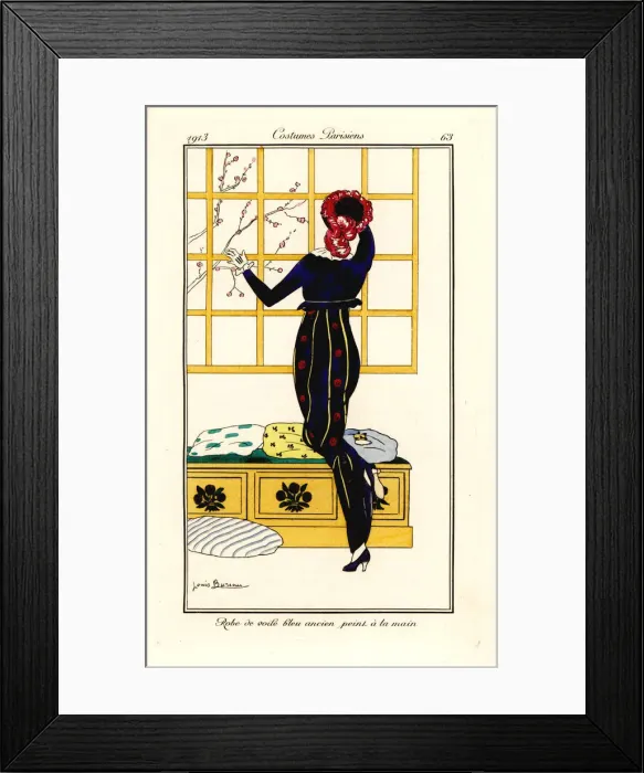 Framed Print : Woman in dress of hand-painted old-blue veil Framed Print : Woman in dress of hand-painted old-blue veil