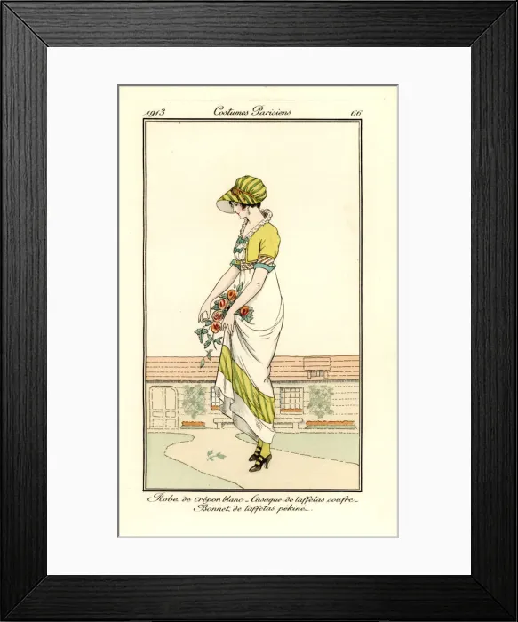 Framed Print : Woman in white crepon dress with taffeta jacket and hat Framed Print : Woman in white crepon dress with taffeta jacket and hat