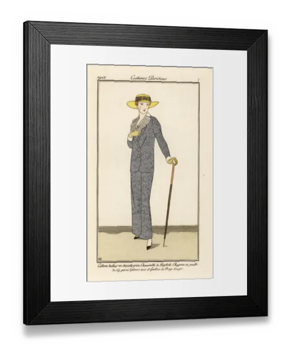 Framed Print : Woman in grey wool suit and yellow straw hat Framed Print : Woman in grey wool suit and yellow straw hat