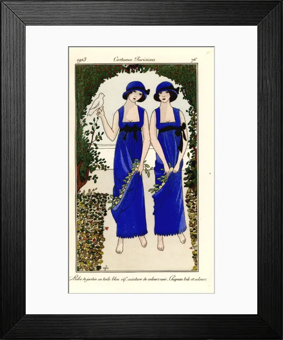 Framed Print : Young women in blue toile garden dresses with black Framed Print : Young women in blue toile garden dresses with black