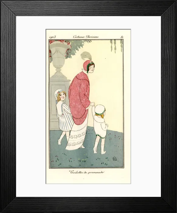 Framed Print : Woman in walking dress with children in a park Framed Print : Woman in walking dress with children in a park