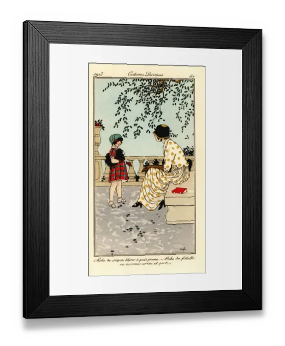 Framed Print : Woman in dress of polka-dot crepon, and girl with dog Framed Print : Woman in dress of polka-dot crepon, and girl with dog